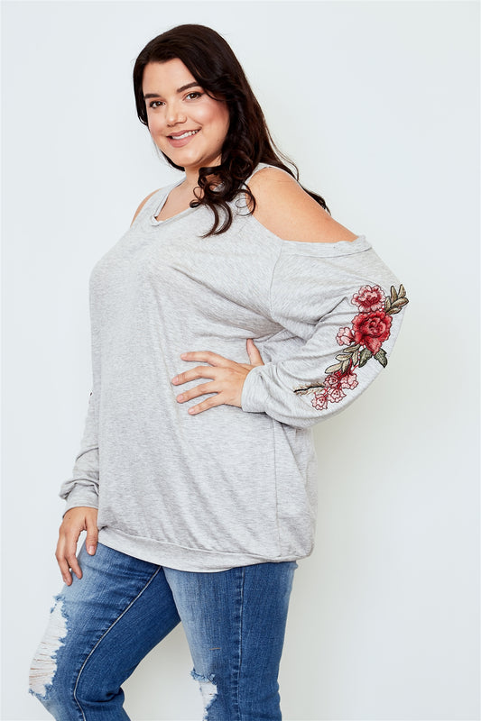 Ladies fashion plus size floral embroidered cold shoulder sweater