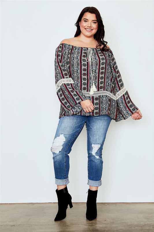 Ladies fashion plus size boho plus size multi tassel tie off the shoulder top