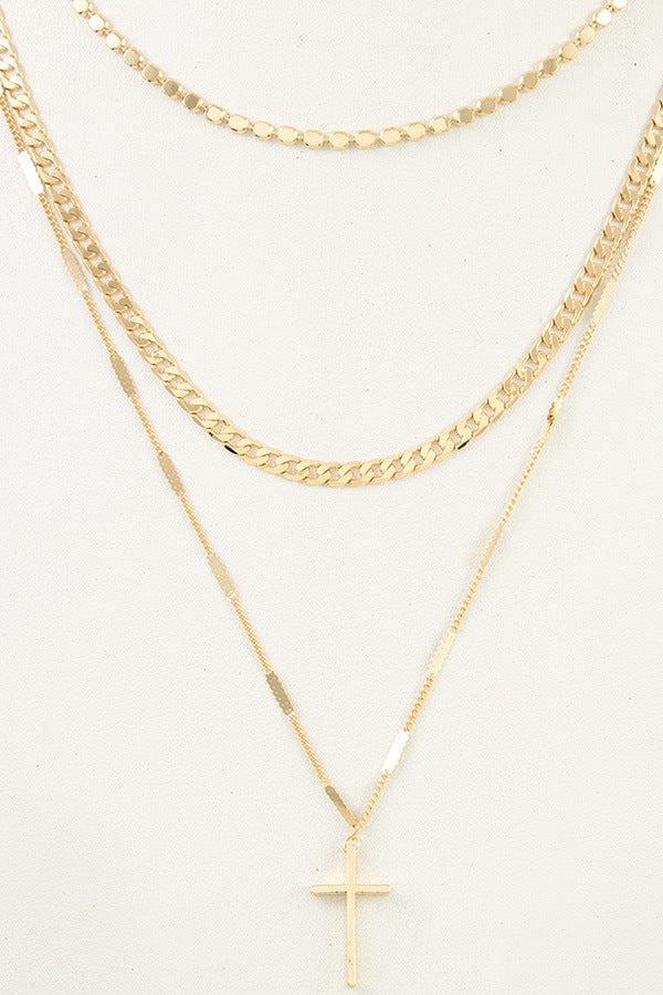 Mix chain layered cross pendant necklace