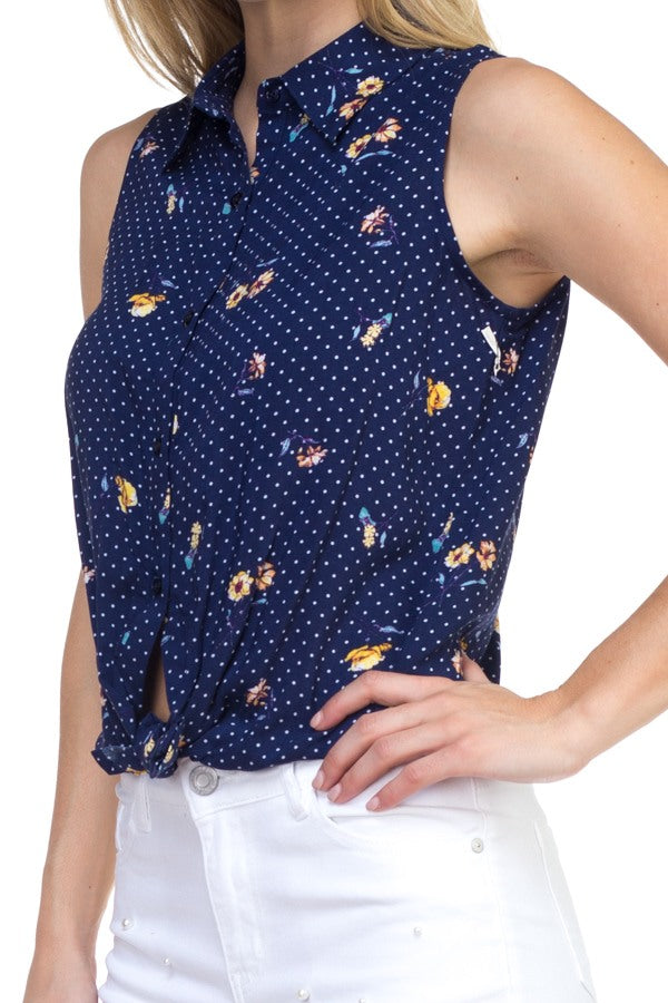 Sleeveless front tie shirt