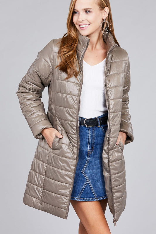 Long sleeve quilted long padding jacket