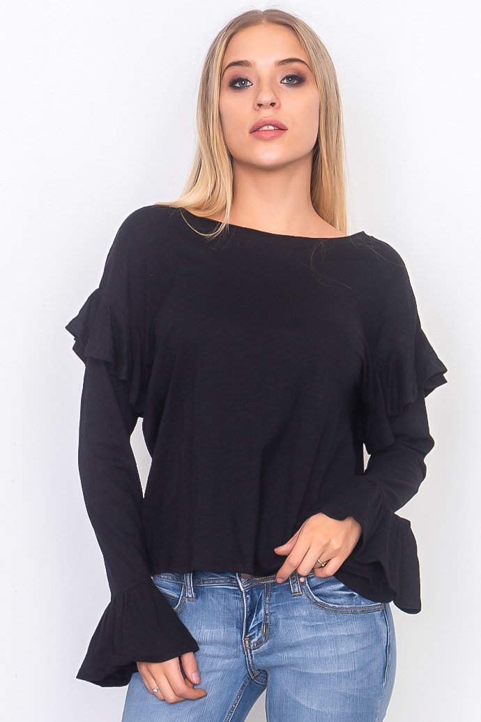 Ruffle sleeve slub jersey top