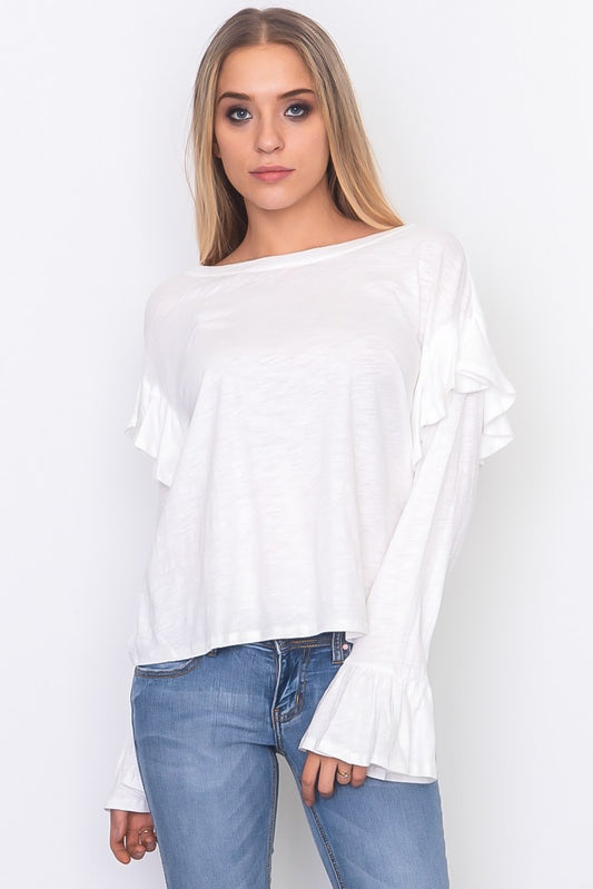 Ruffle sleeve slub jersey top
