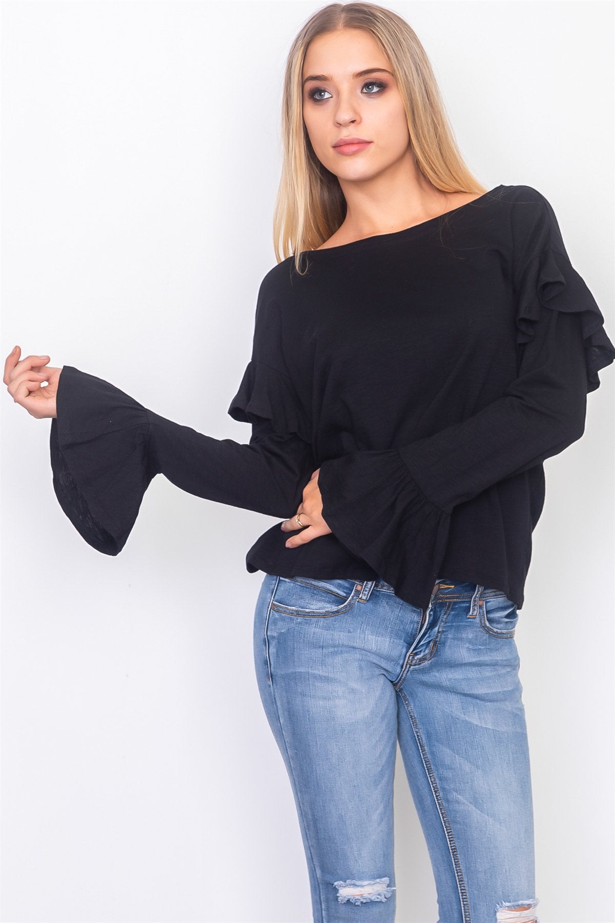 Ruffle sleeve slub jersey top
