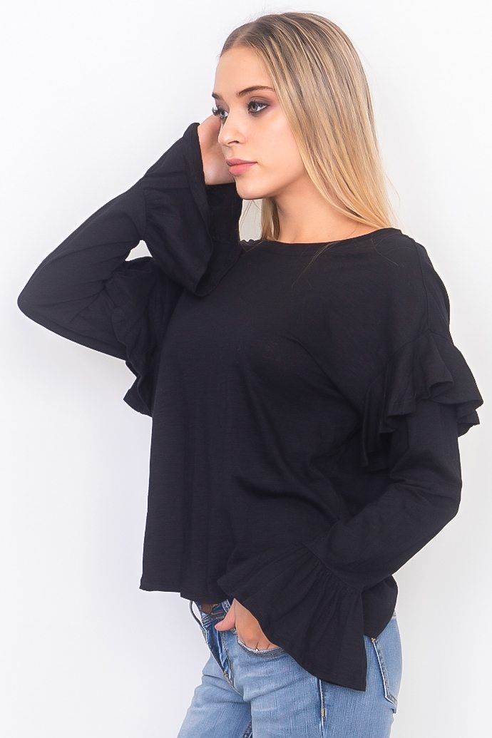 Ruffle sleeve slub jersey top