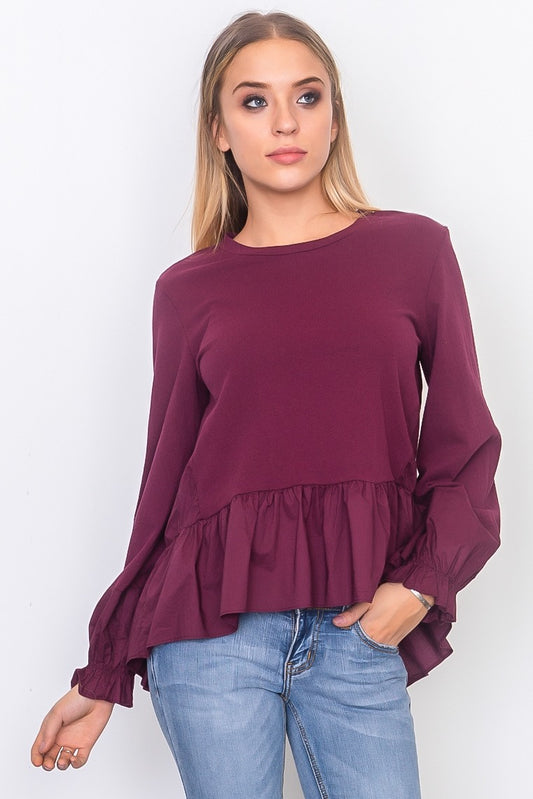 Contrast woven ruffle sleeve round neck top