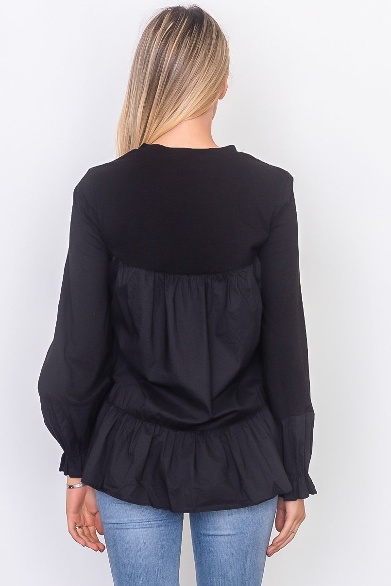 Contrast woven ruffle sleeve round neck top