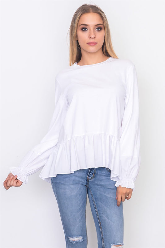 Contrast woven ruffle sleeve round neck top