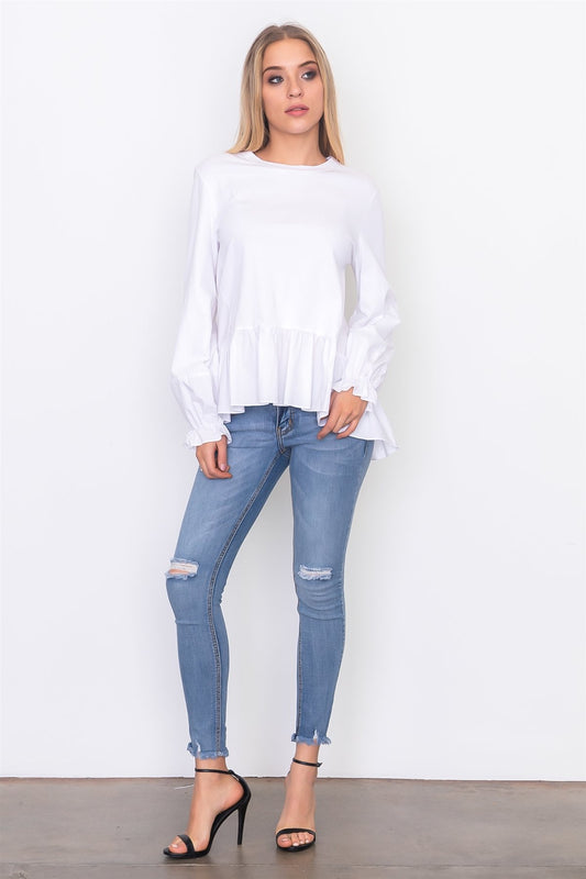 Contrast woven ruffle sleeve round neck top