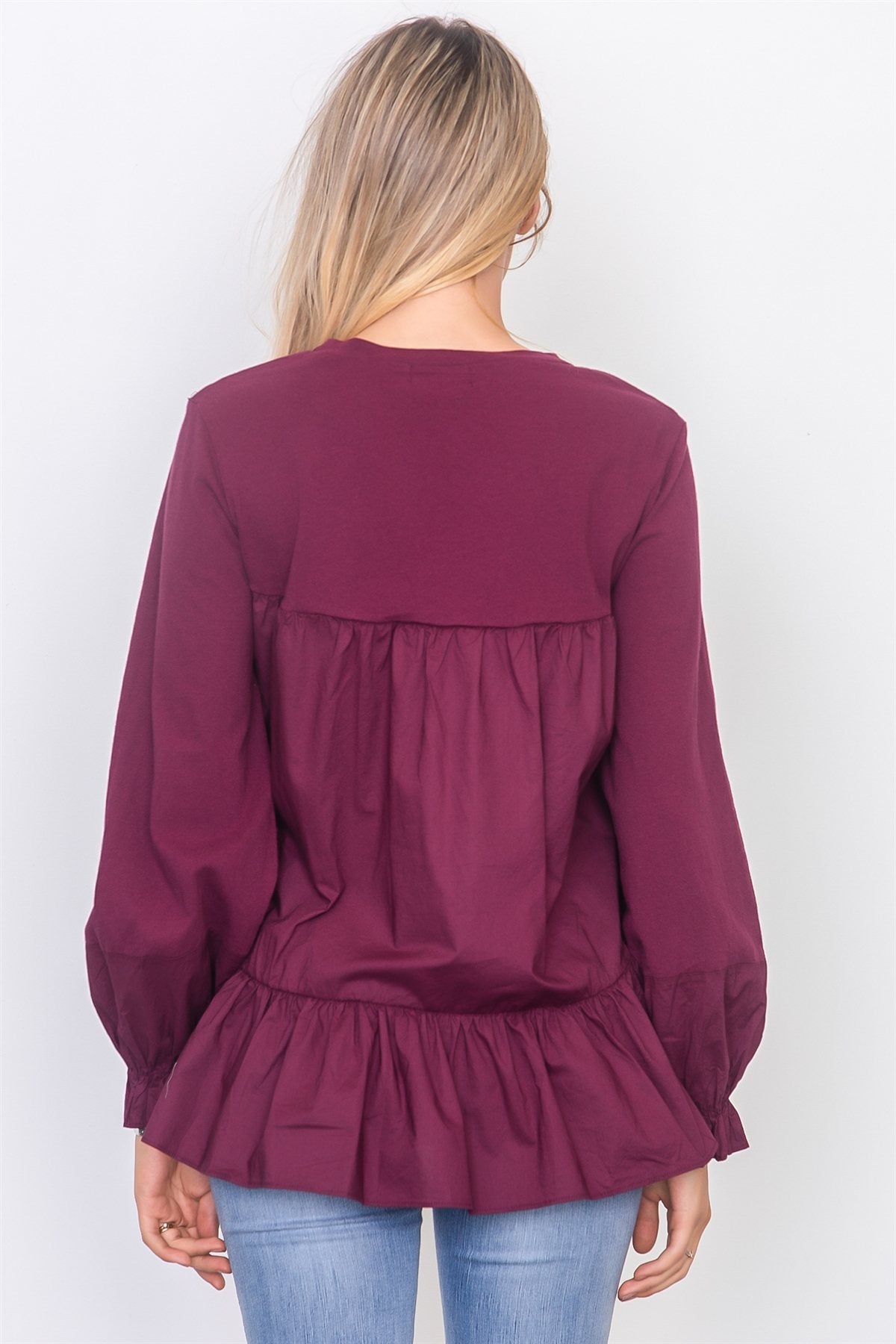 Contrast woven ruffle sleeve round neck top