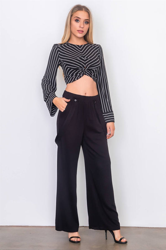 Black front waist twist wide sleeve crop top