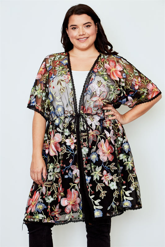 Plus size black sheer floral embroidered waist tie kimono