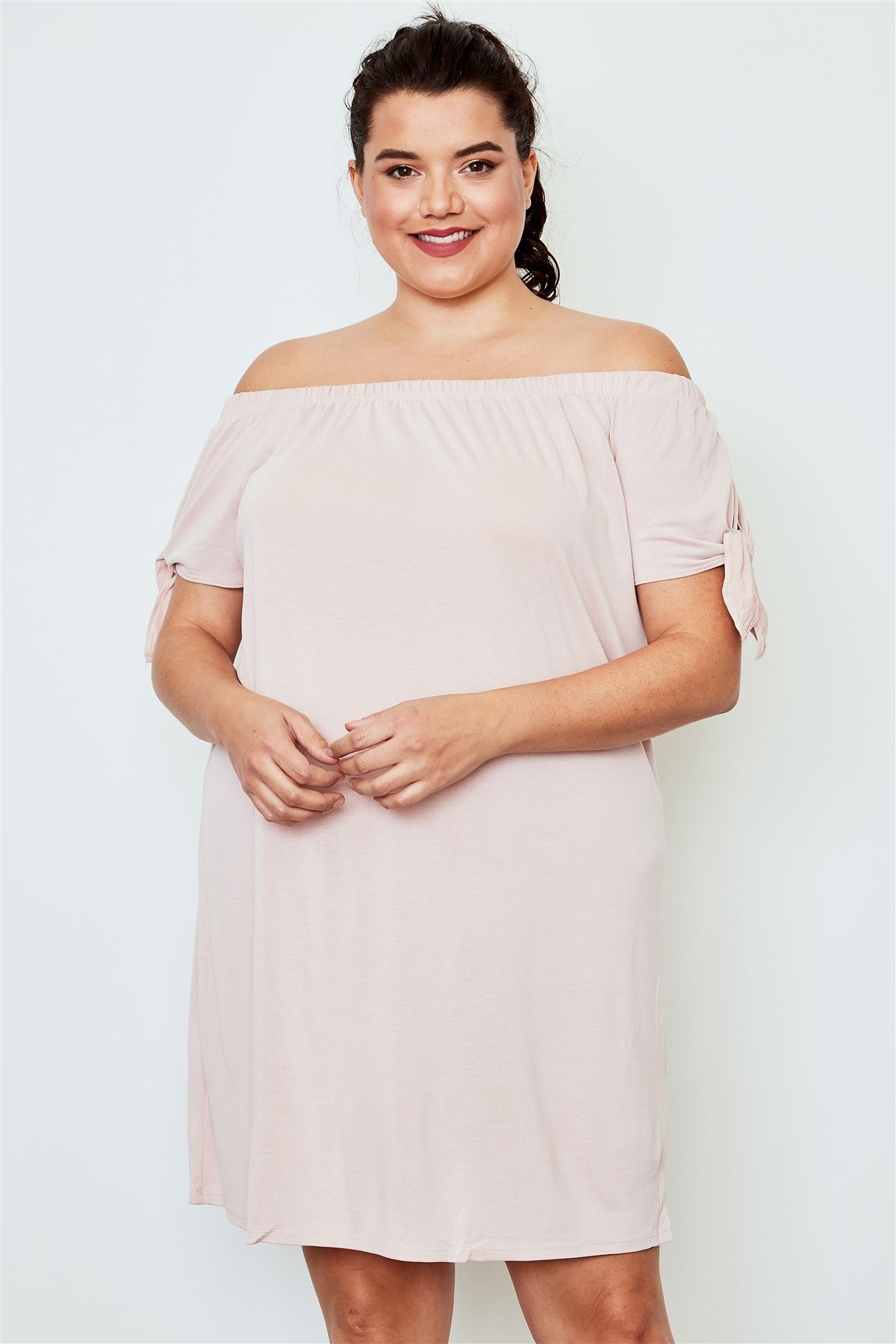 Plus size peach off the shoulder tie sleeves mini dress
