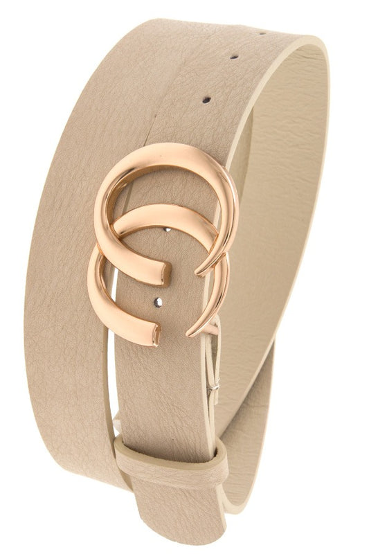 Double semi circle buckle faux leather belt