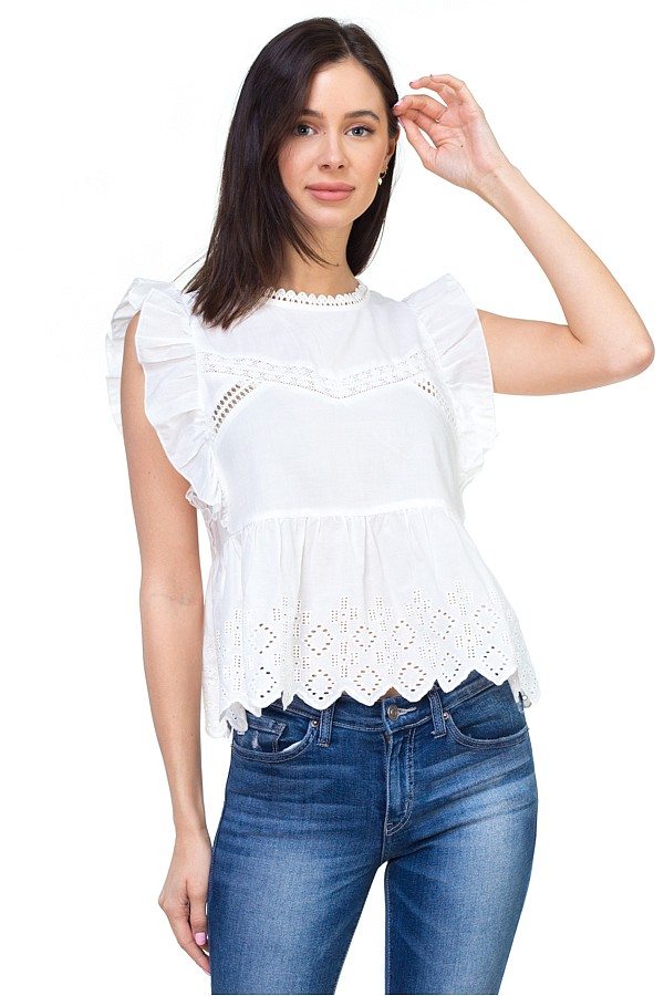 Sleeveless ruffle trim eyelet top