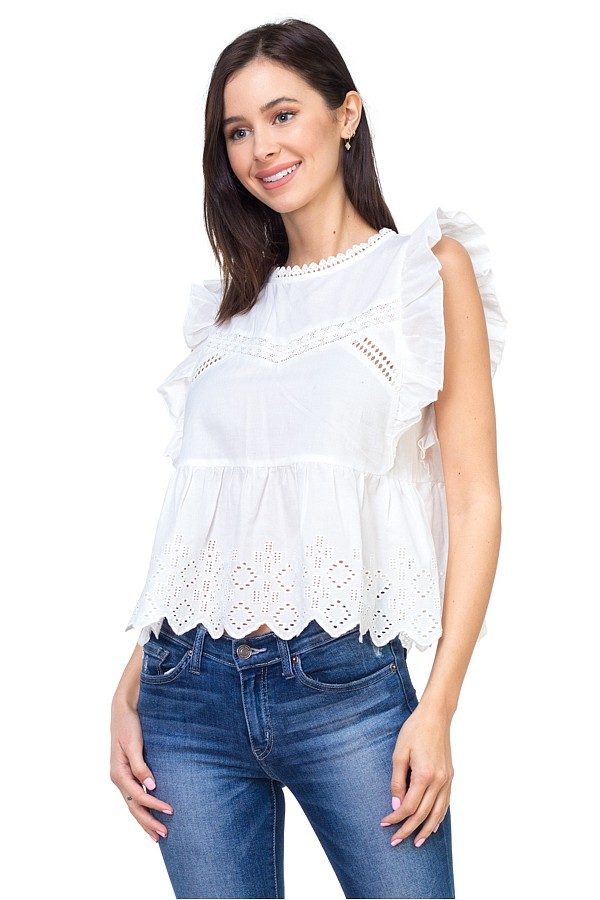 Sleeveless ruffle trim eyelet top