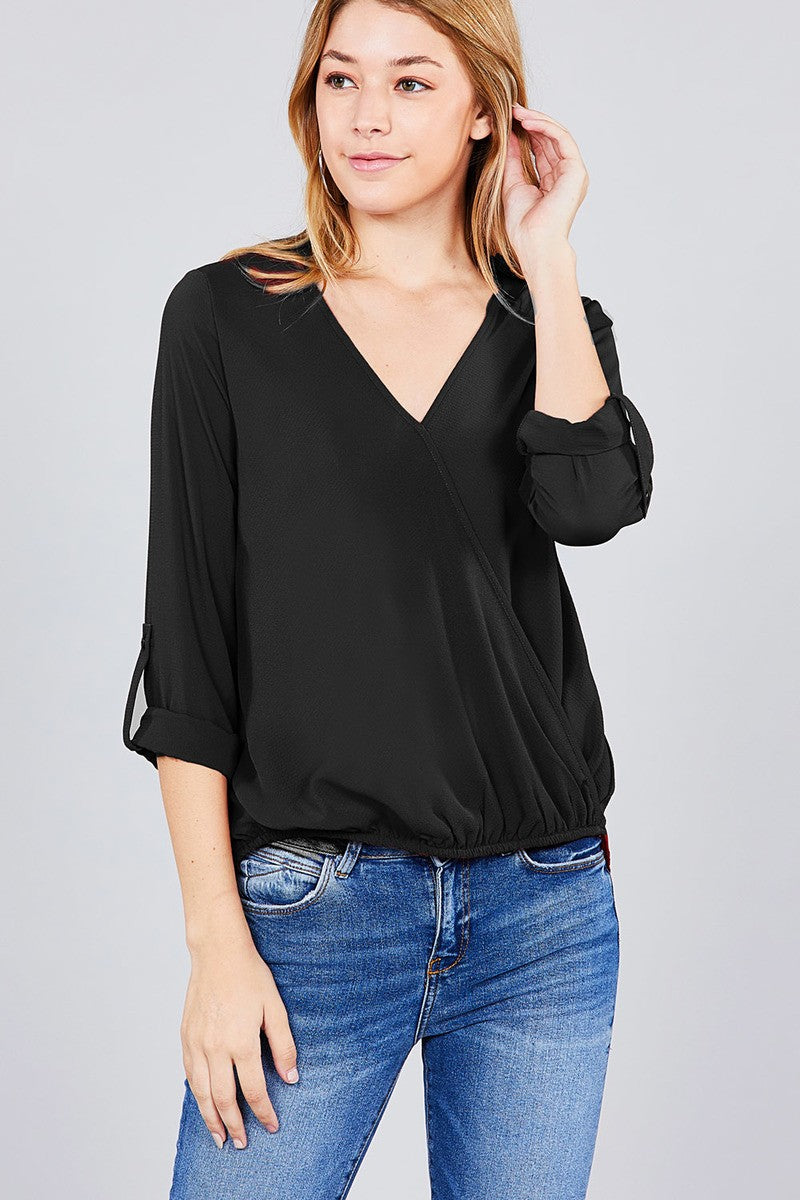 3/4 roll up sleeve v-neck w/surplice woven top