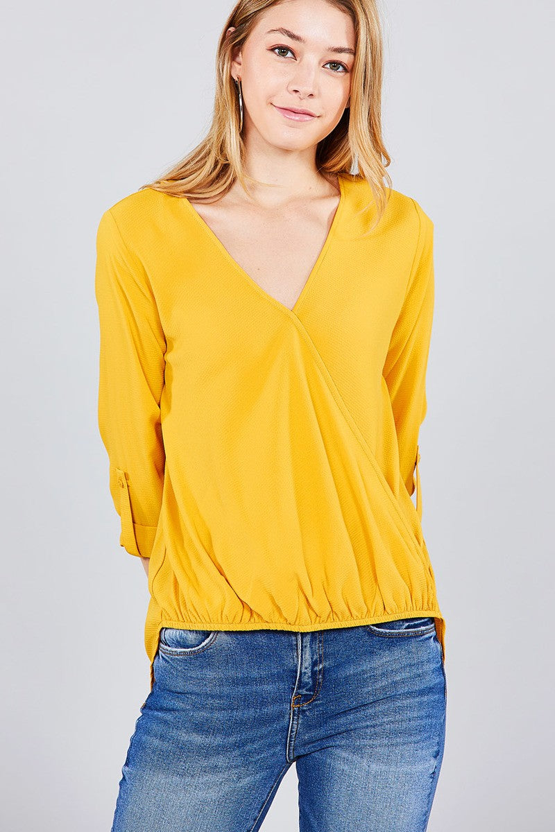 3/4 roll up sleeve v-neck w/surplice woven top