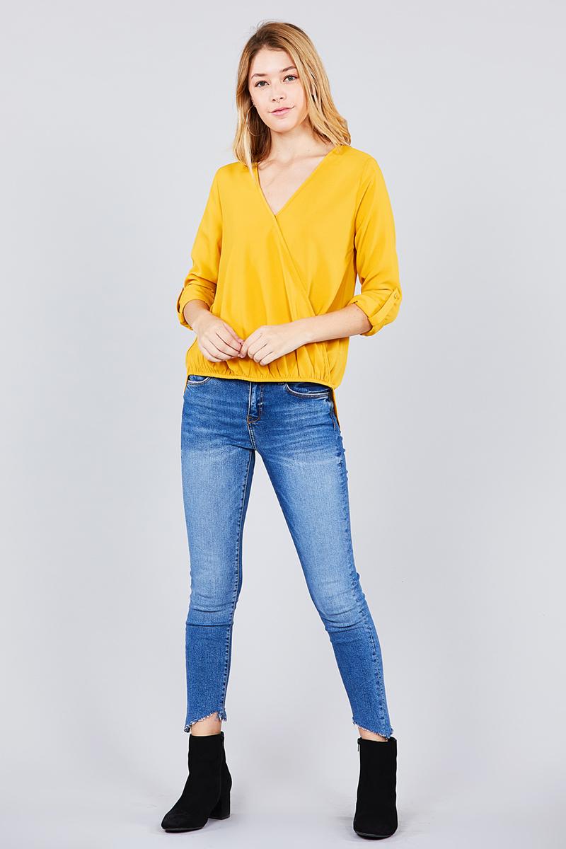 3/4 roll up sleeve v-neck w/surplice woven top