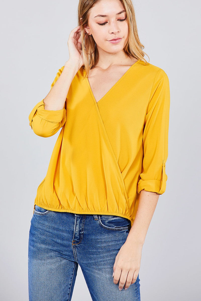 3/4 roll up sleeve v-neck w/surplice woven top