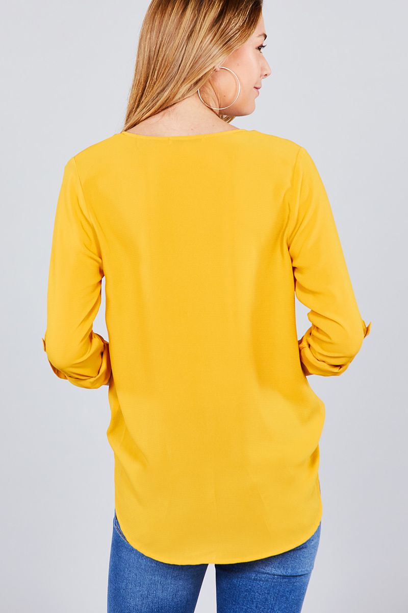 3/4 roll up sleeve v-neck w/surplice woven top