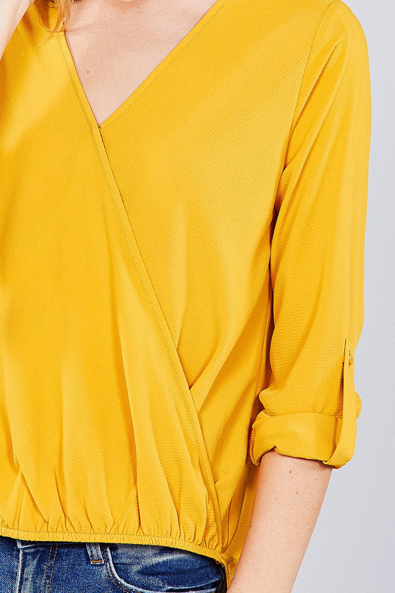 3/4 roll up sleeve v-neck w/surplice woven top