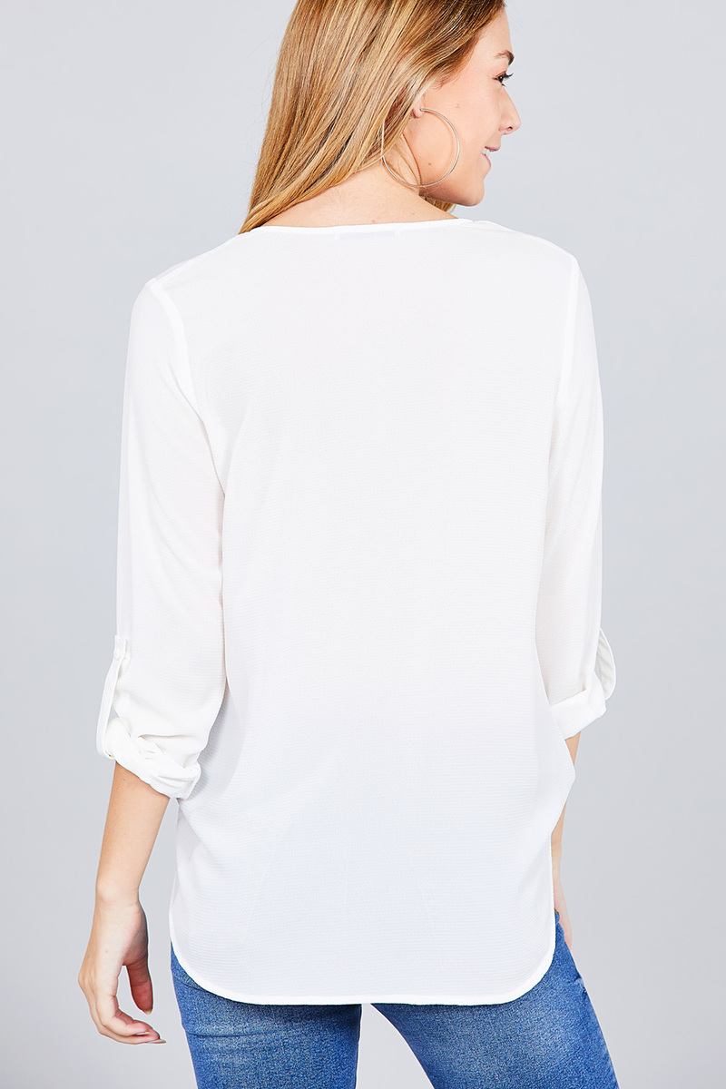 3/4 roll up sleeve v-neck w/surplice woven top