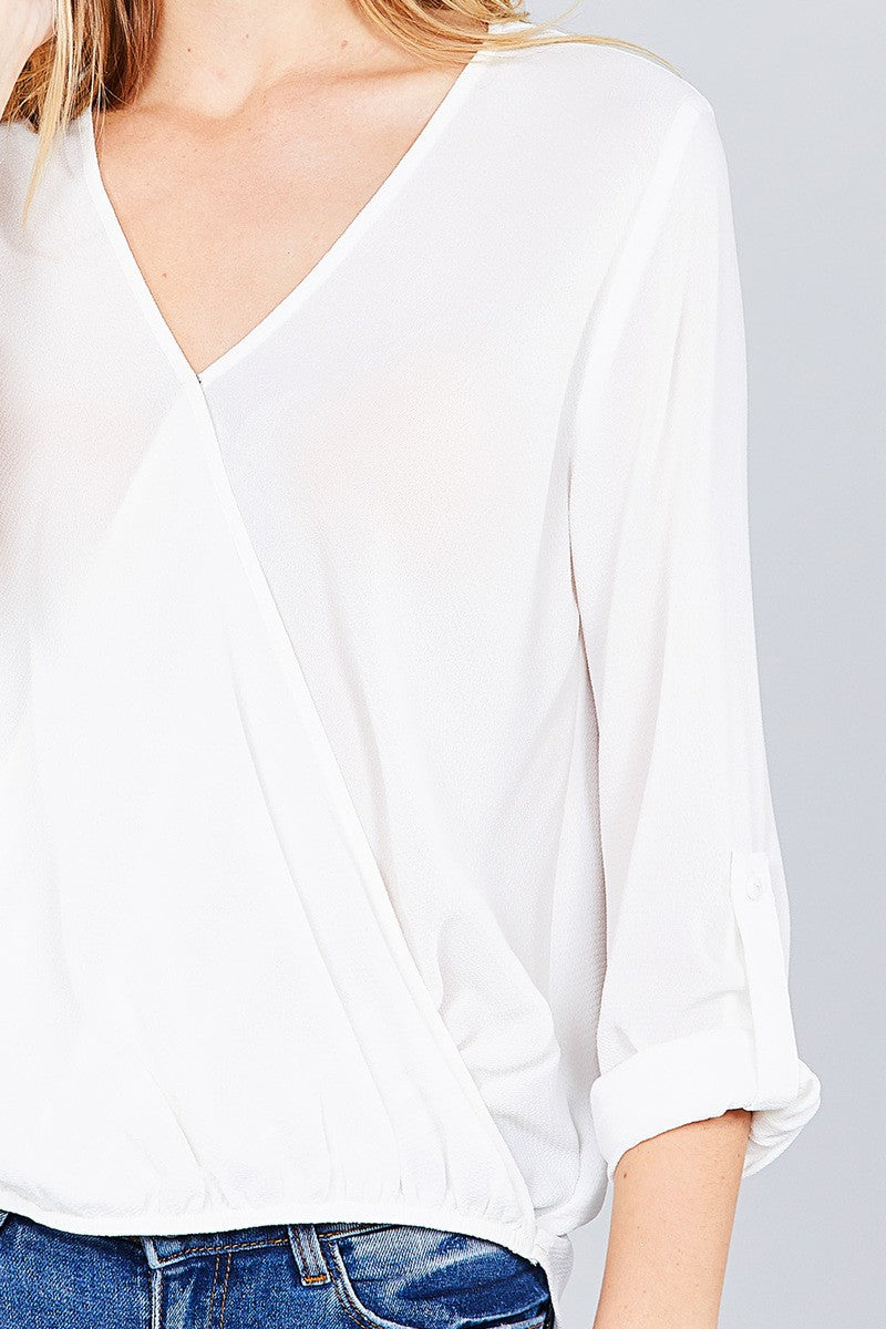 3/4 roll up sleeve v-neck w/surplice woven top