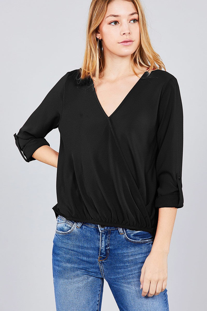 3/4 roll up sleeve v-neck w/surplice woven top