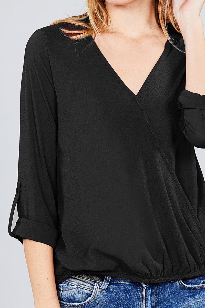 3/4 roll up sleeve v-neck w/surplice woven top