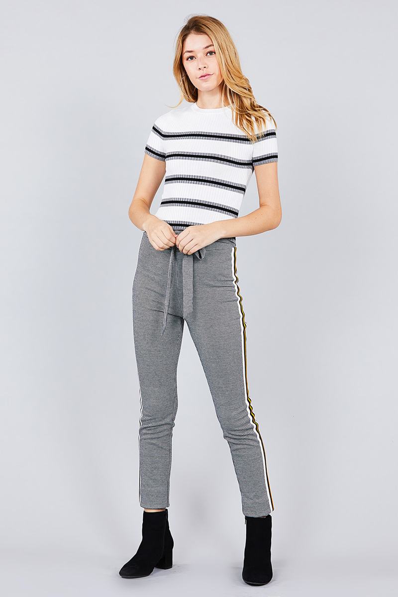 Short sleeve round neck multi stripe rib sweater top
