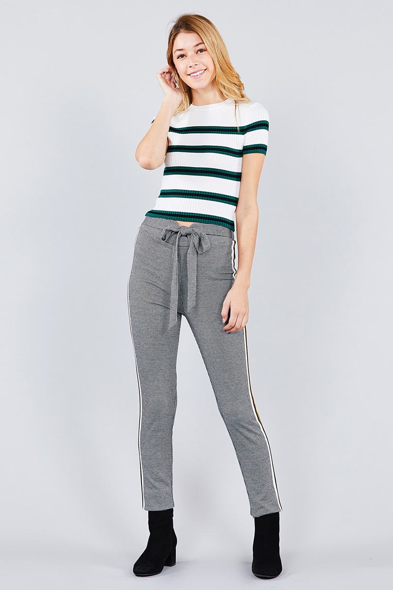 Short sleeve round neck multi stripe rib sweater top