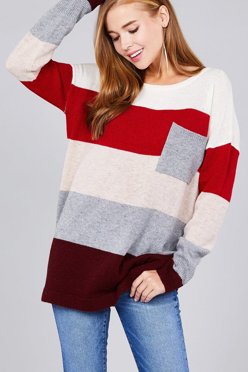 Long sleeve round neck w/pocket color block sweater