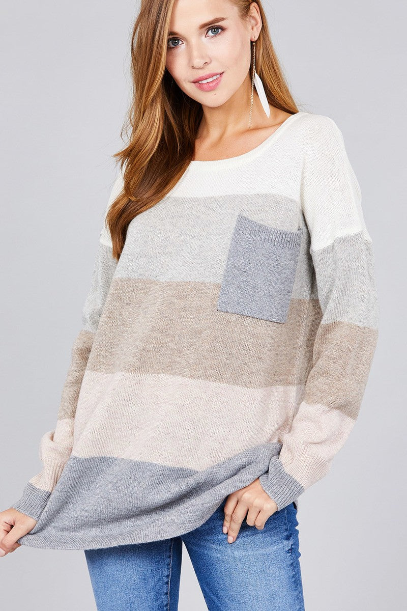 Long sleeve round neck w/pocket color block sweater