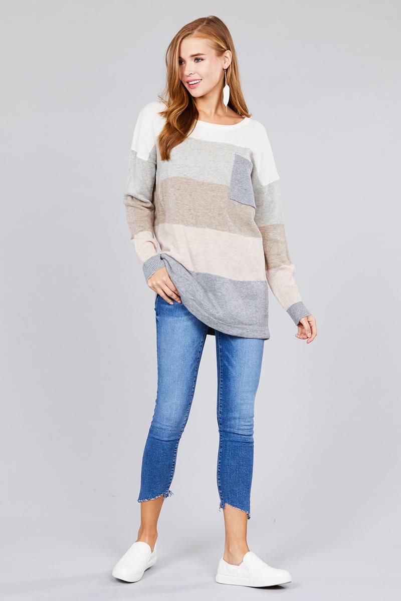 Long sleeve round neck w/pocket color block sweater
