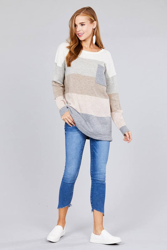 Long sleeve round neck w/pocket color block sweater