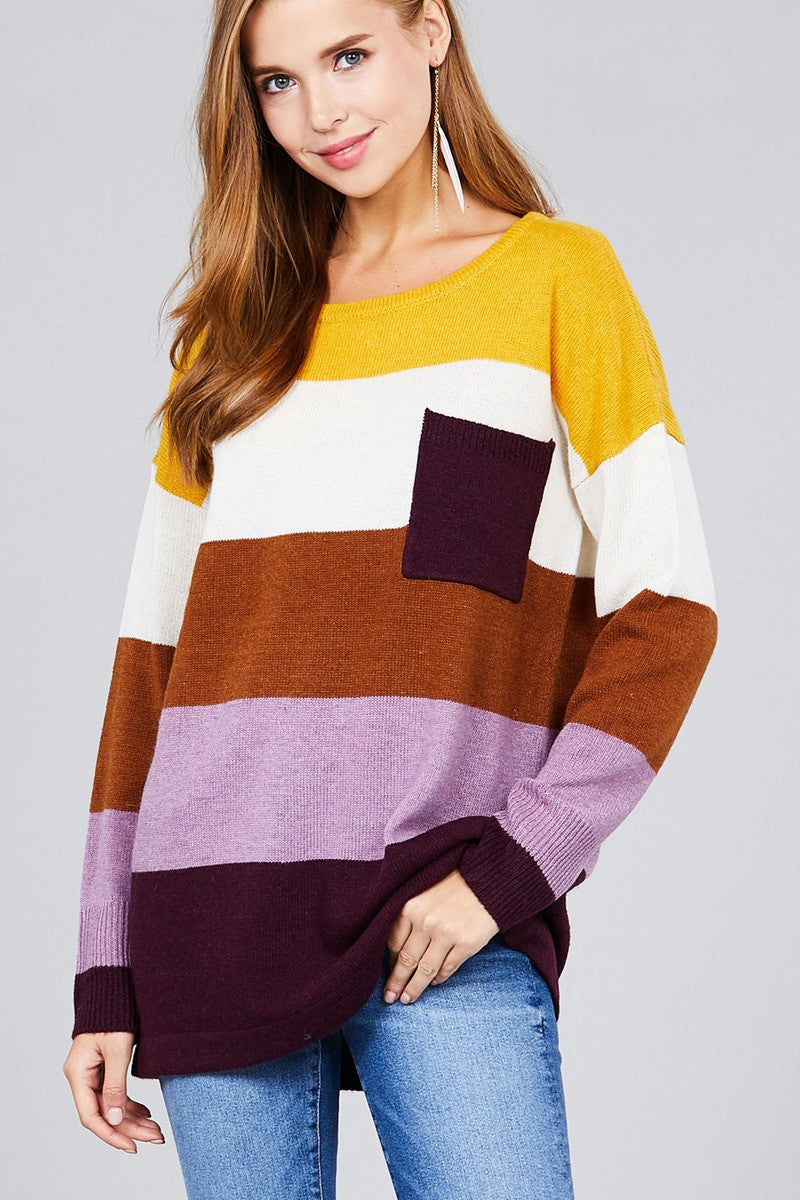 Long sleeve round neck w/pocket color block sweater