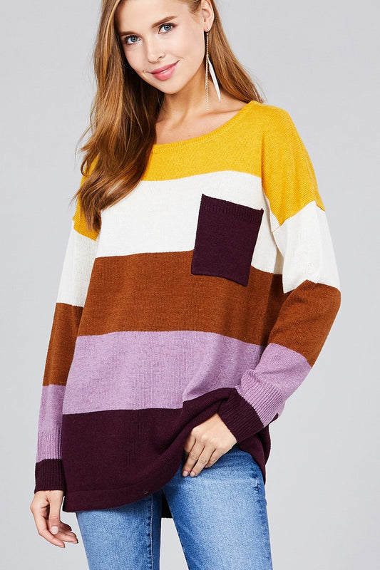 Long sleeve round neck w/pocket color block sweater
