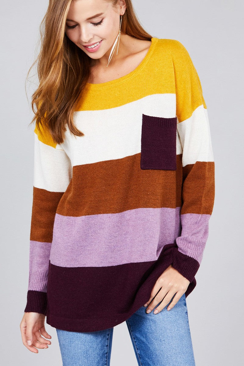 Long sleeve round neck w/pocket color block sweater
