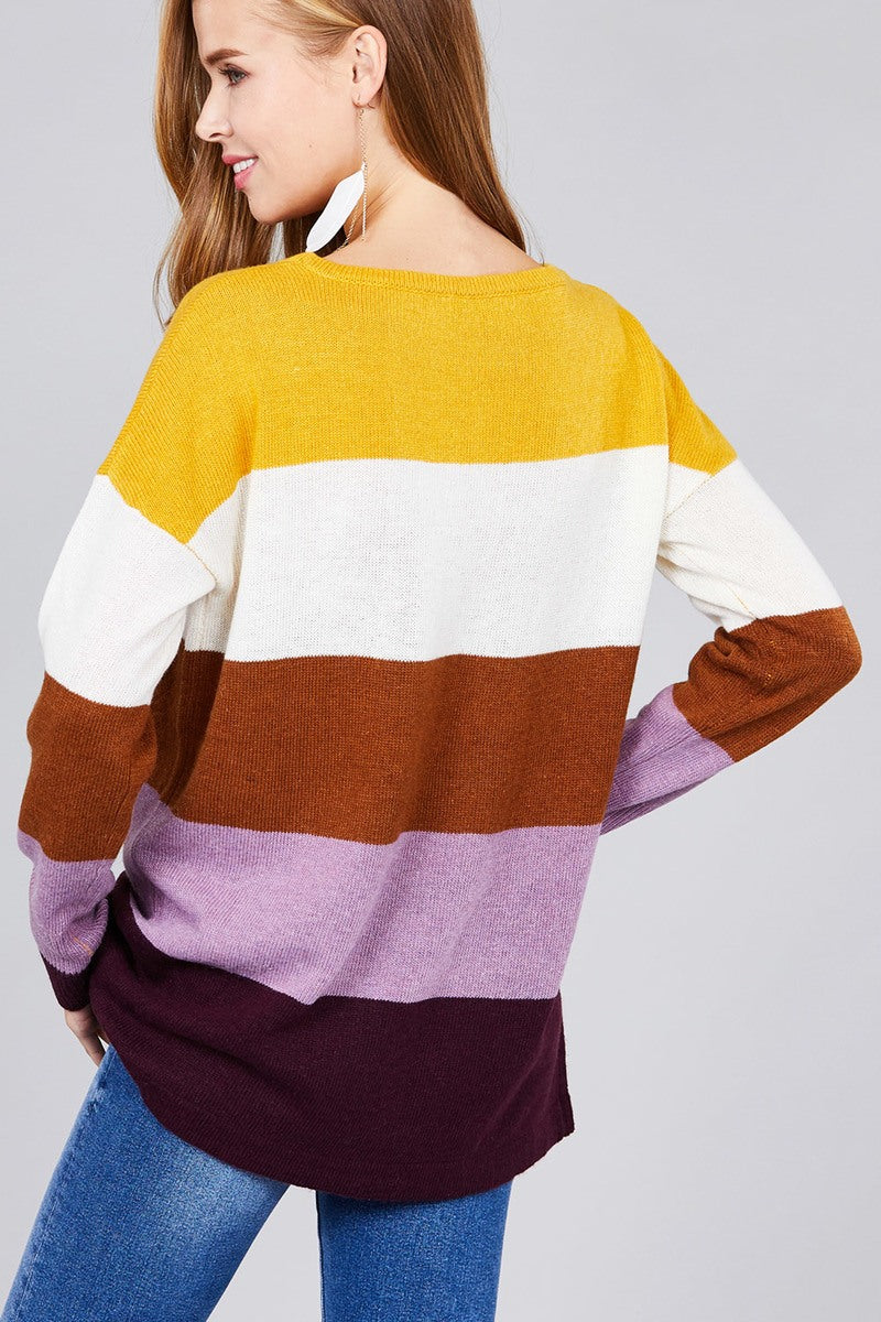Long sleeve round neck w/pocket color block sweater