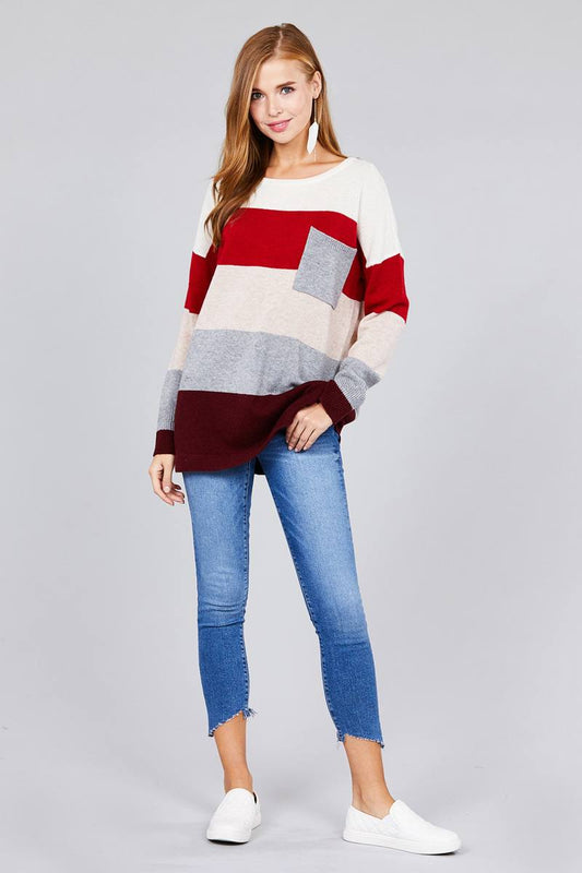Long sleeve round neck w/pocket color block sweater