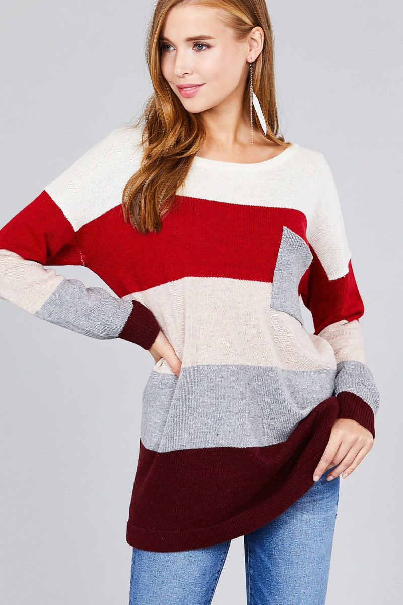 Long sleeve round neck w/pocket color block sweater