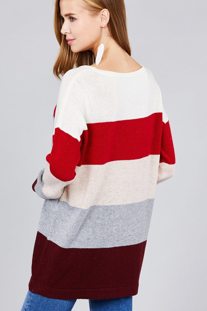 Long sleeve round neck w/pocket color block sweater