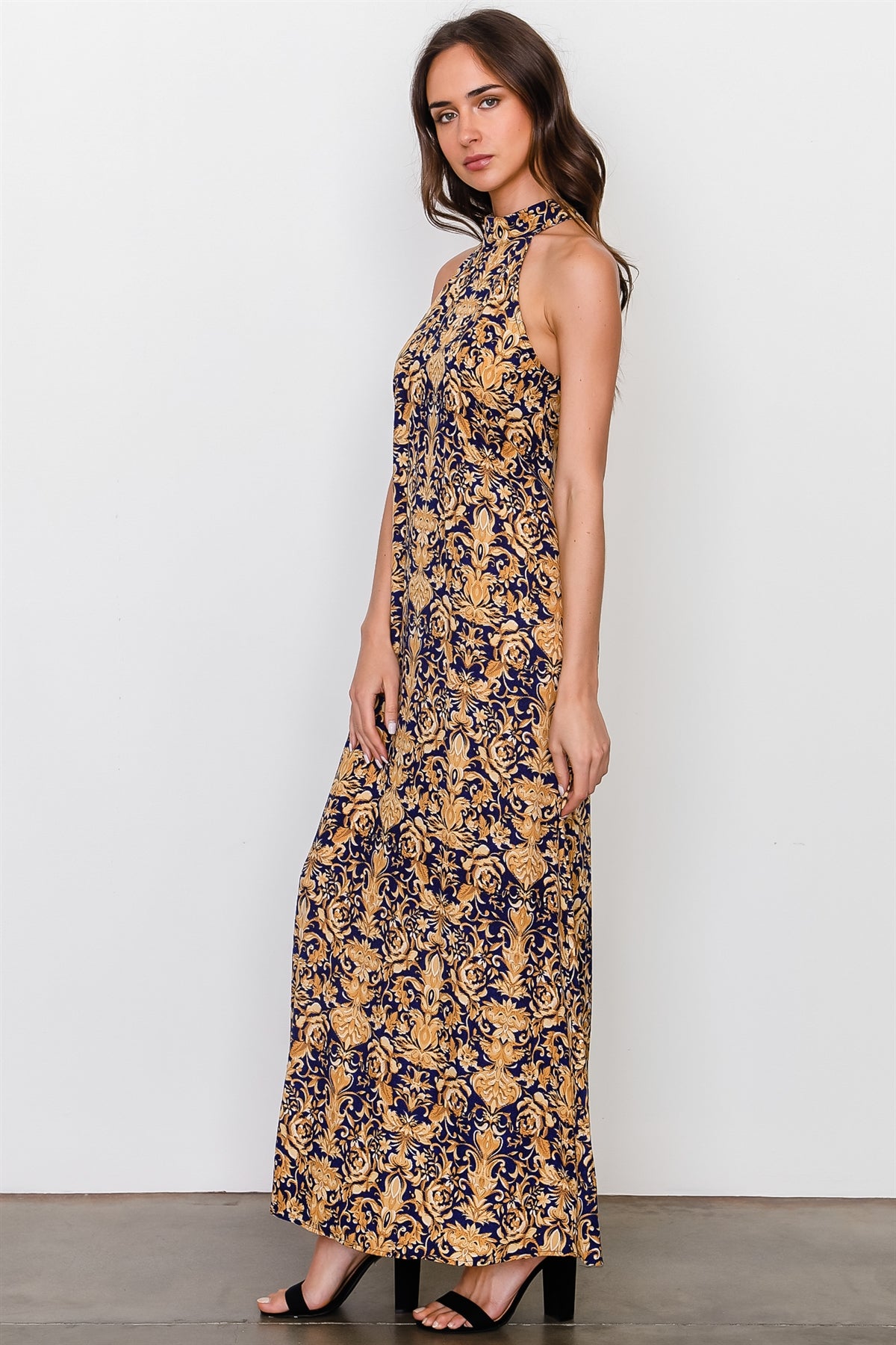 Gold print sleeveless high neckline maxi dress