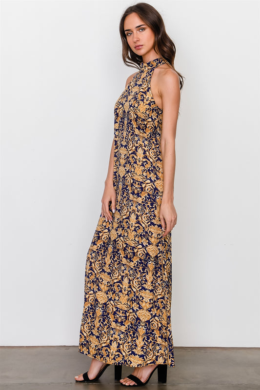 Gold print sleeveless high neckline maxi dress