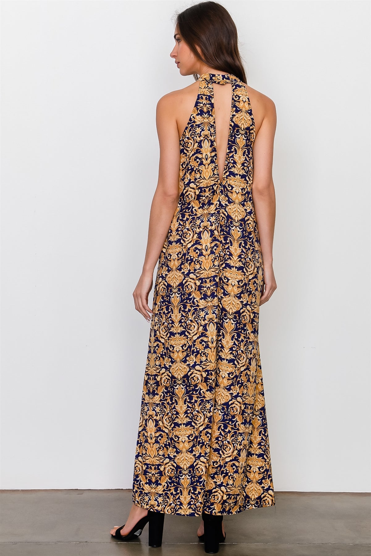 Gold print sleeveless high neckline maxi dress