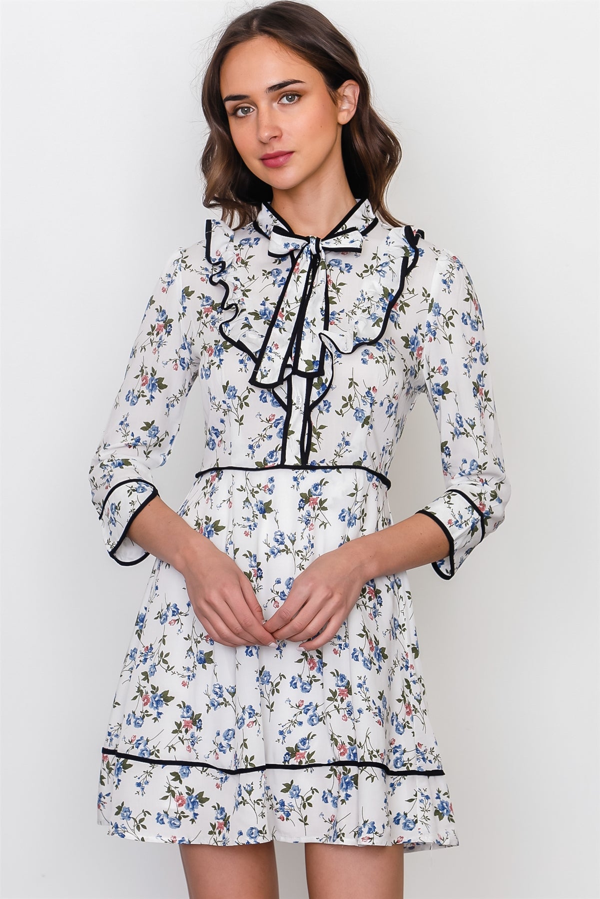 Navy white floral contrast trim ruffle mini dress