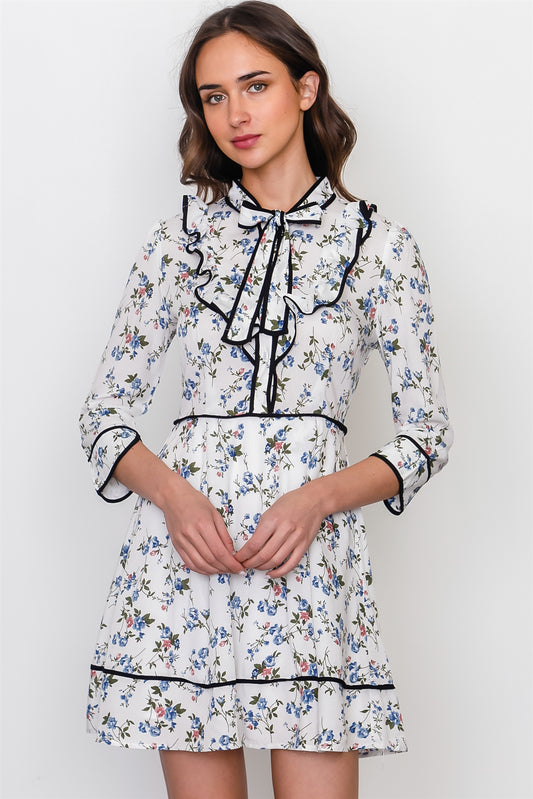 Navy white floral contrast trim ruffle mini dress