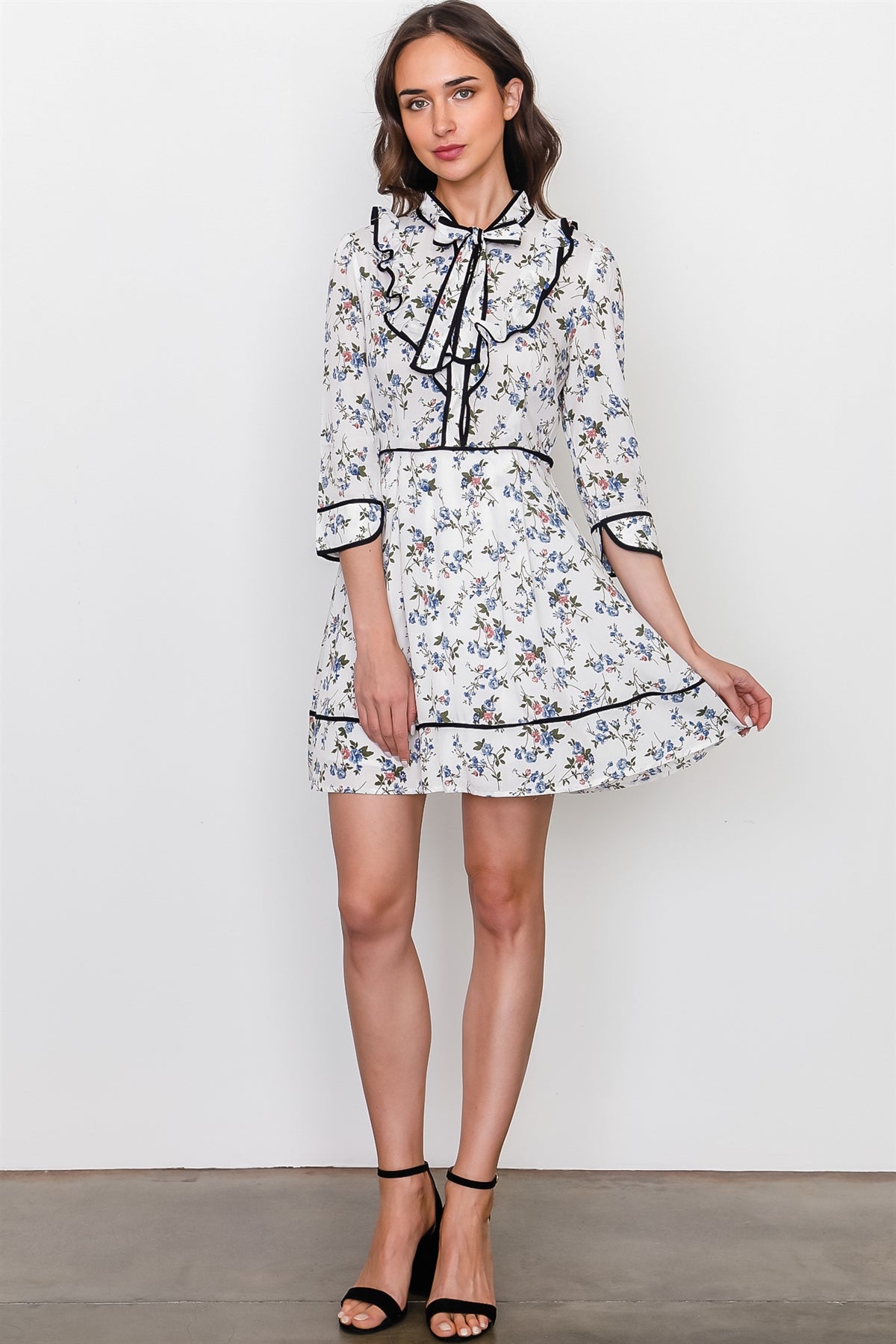Navy white floral contrast trim ruffle mini dress
