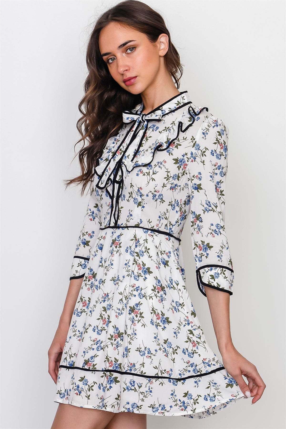 Navy white floral contrast trim ruffle mini dress